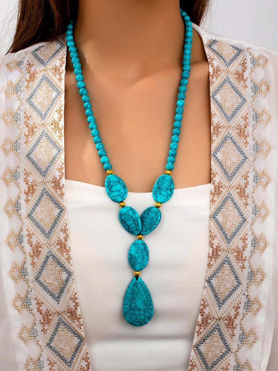 1pc Bohemian Vintage Faux Turquoise Bead Asymmetric Necklace For Women - Multicolor - View 1