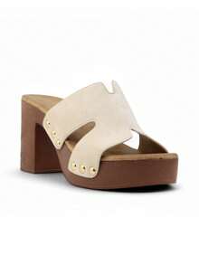 女士舒適厚底側邊鉚釘絨布料粗跟涼拖鞋 - 米色 - 查看 3