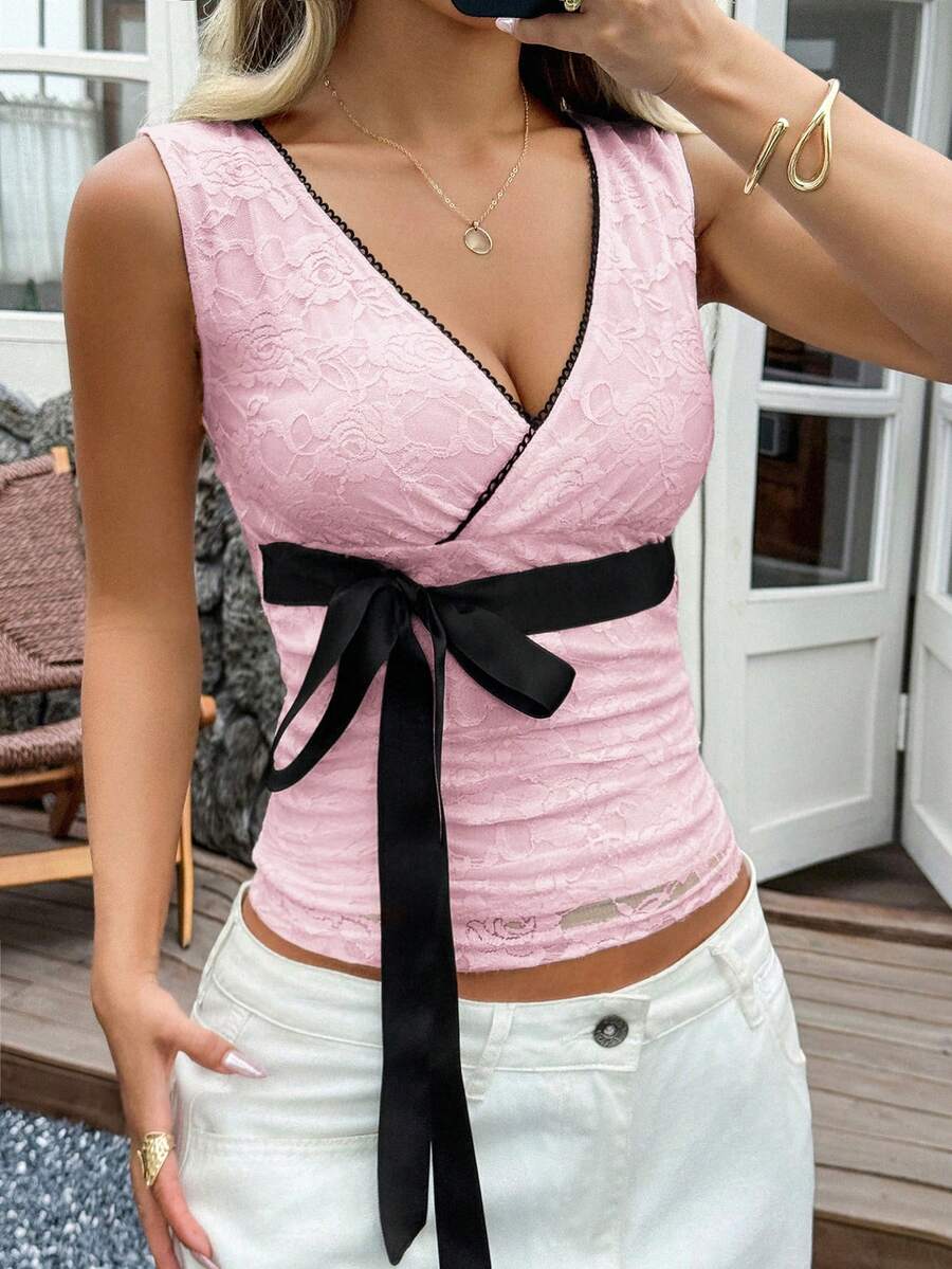 Y2K Summer Ladies Out Dating Lace Color Patchwork Collar Waist Bow Lace-Up Top - Baby Pink - View 1