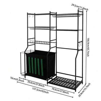 Estantería de almacenamiento de equipos deportivos - Organizador de varios niveles para el gimnasio en casa, el garaje y el centro de acondicionamiento físico, diseño de acero duradero con ganchos y estantes, fácil montaje, acabado en negro