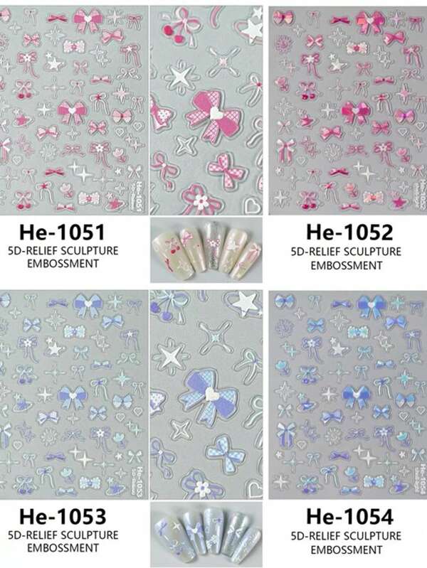 4pcs Mixed Color Bowknot Shell Shiny Nail Art Stickers, 3D Nail Decals