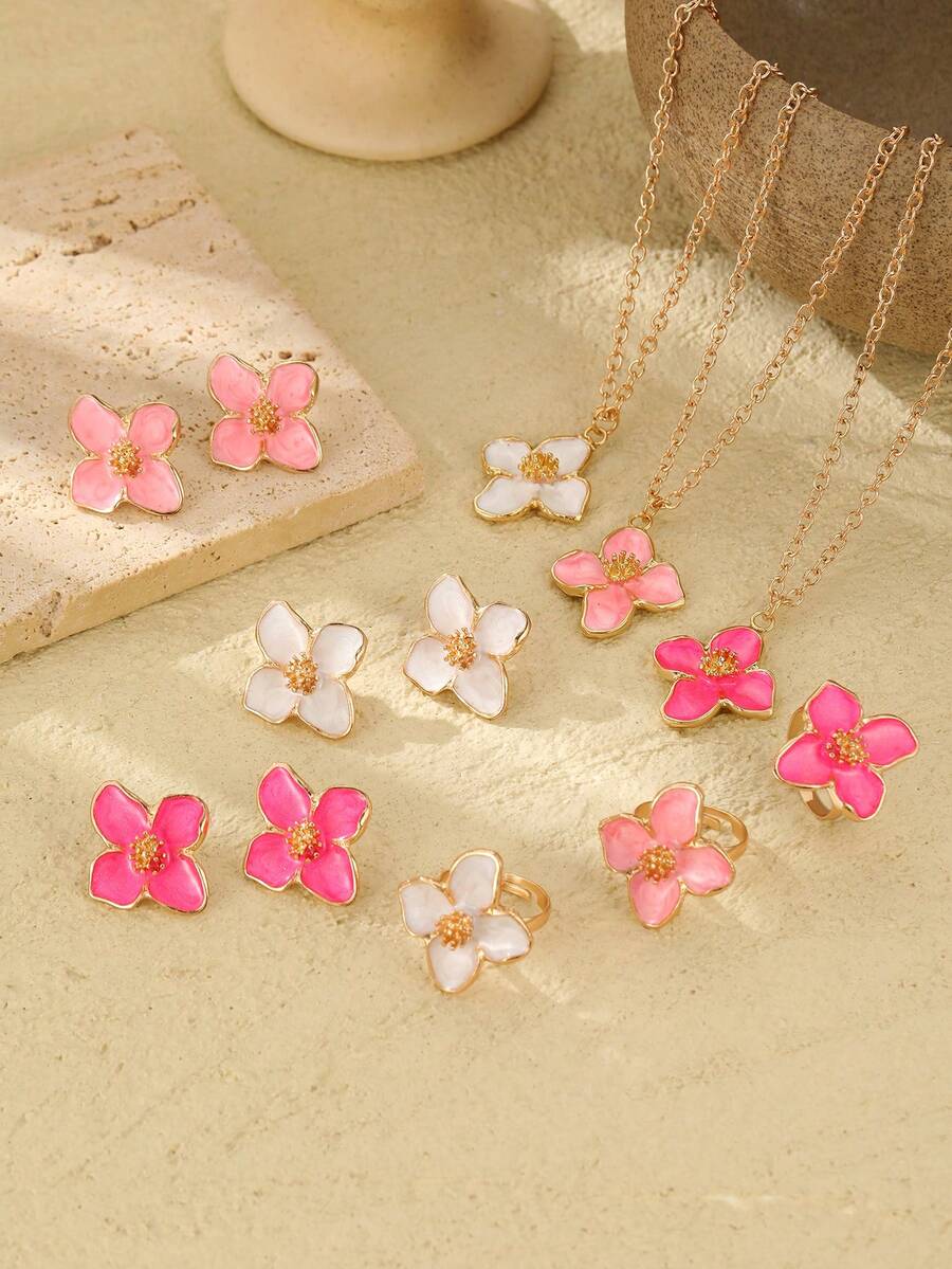 1 Set Of 4pcs Colorful Crystal Flower Pendant Necklace, Earrings And Ring Jewelry Set, Sweet & Fashionable, Suitable For Daily Wear, Vacation, Evening Party, Gift For Friends - Four-petal Flower Set - View 1
