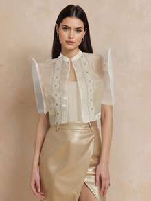 1 Piece Of Women's Elegant Bubble Sleeve Short Sleeved Shirt Top Bolero Filipiniana For Women - Champagne - View 4