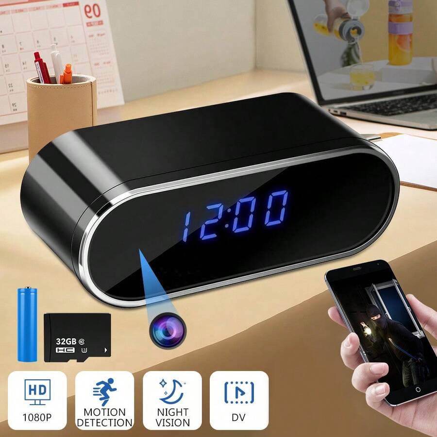 Digital Alarm Clock With Camera, Hidden Security 1080P HD Camera Round Electronic Clock With Motion Detection/Night Vision For Home And Office Security - 黑色 - 查看 1