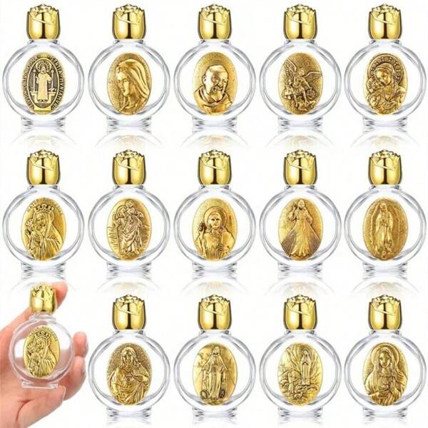 Garrafa de água benta católica pequena de vidro com relevo de 0,5 fl oz, para viagem, adequada para atividades da igreja, batismo, casamentos em família, festas ideais e presentes de feriado