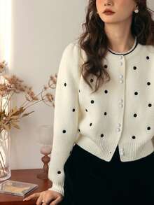 Alicedudu Women's Cute Minimalist Polka Dot Design Round Neck Cardigan Sweater, Autumn/Winter