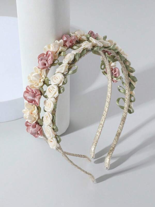 2pcs Combining Feminine Ribbons With Delicate Floral Designs, It Shows Elegance And Sweetness. Perfect For Everyday Wear Or Special Occasions, It's Easy To Pair With A Variety Of Hairstyles To Add A Touch Of Romance, Hair Band , Diadema, Hair Hoop