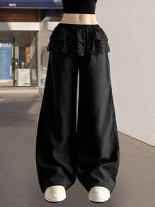 Women's Spring Summer Baggy Pants Elastic Waistband Low Waist Loose Wide Leg Pants With Fart Curtain