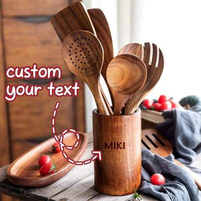 Set de ustensile de gătit, 8 bucăți, tacâmuri din lemn pentru suport de ustensile de gătit, set de ustensile de bucătărie naturale și confortabile, cu suport
