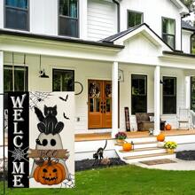 Welcome Halloween Garden Flag (30cm X 45cm/12inch X 18inch) Double Sided Burlap Black Cat Ghost Boo Pumpkin Bat Spider Web Courtyard Flag Suitable For Outdoor Terrace Holiday Outdoor Halloween Decoration