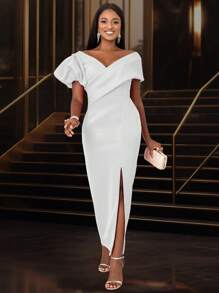 Sexy Women V-Neck Front Slit Cocktail Dress, For Birthday, Wedding Guest, Graduation, Dinner, Homecoming New Year Eve,