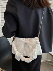 Bolso de hombro con correa de cadena plisada y adorno de lazo - Blanco - Ver 3