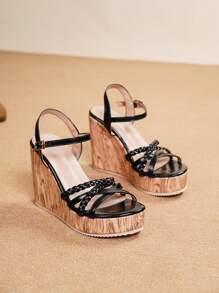 Women's Platform Wedge Sandals, Thick Sole Sandals, Hemp Rope Flats, Suitable For All Seasons, Vacation, Party, Casual, Beach, Wooden Texture Elegant Beach Holiday Buckle Sandals