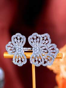 1 anel aberto com zircônia cúbica grande e flor grossa, joia ajustável banhada a prata para mulheres, noiva, casamento, noivado, banquete, festa, madrinhas, presente de Natal