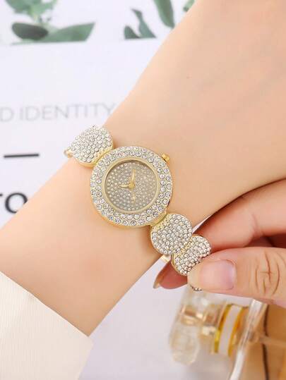 1入女士鑲鑽金色手錶，時尚奢華女性手鍊腕錶，適用於休閒假日