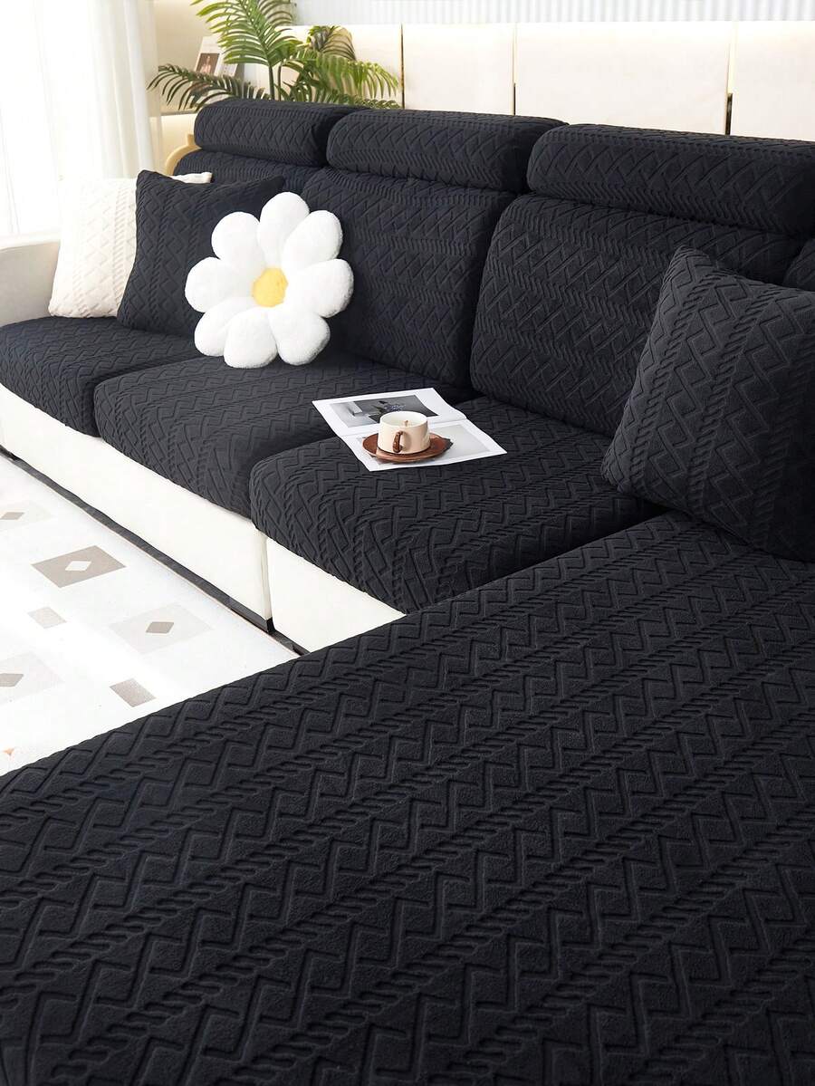 1 件弹力沙发套防滑全盖沙发座垫套，四季通用面料加厚沙发套可水洗防尘宠物友好装饰套适用于卧室、办公室、客厅 L 型沙发，1-2-3-4 座 - 黑色 - 查看 1