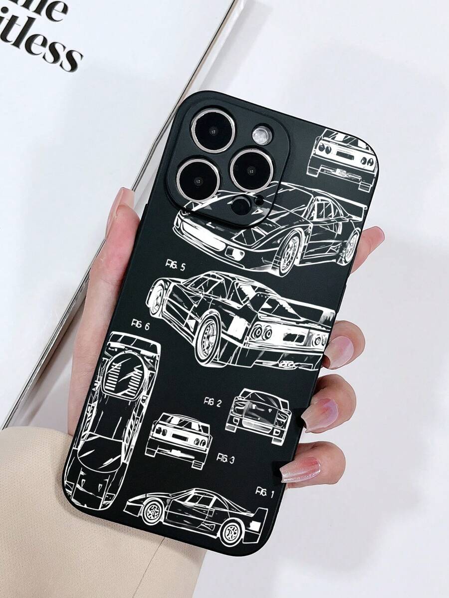 1pc Matte Texture Black TPU Protective Phone Case With Cute Car Pattern, Compatible With IPhone 15/15 Pro/15 Plus/15 Pro Max, IPhone 16/16 Pro/16 Plus/16 Pro Max, Galaxy S23 Ultra/A14/A24, Redmi Note 12 Pro