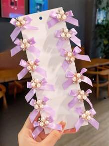 10pcs/Pack Girls' Cute & Delicate Versatile Mini Multi-Color Bowknot Pearl Decor Hair Clips