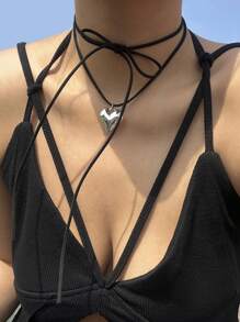 1 Collana regolabile con ciondolo a forma di cuore d'argento con fiocco, nappe, di stile semplice e alla moda, accessori per donne in stile casual, ragazza carina, accessori regalo per vacanza