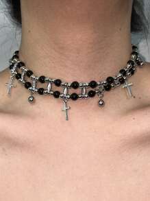 1 pièce Collier ras-du-cou style gothique avec croix à plusieurs couches et perles, en alliage, multicolore, convient pour les fêtes, les dîners, les anniversaires, les cadeaux de vacances