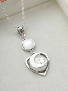 1PC Gothic Style Heart Shaped Cat And Moon Necklace For Women's Everyday Accessories Jewellery Gifts