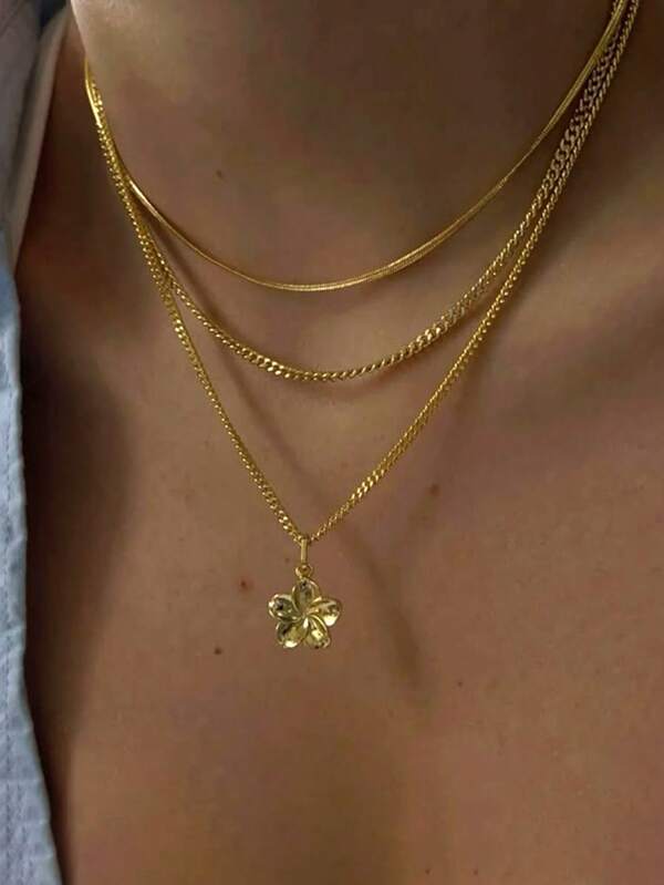 3pcs Fashionable Minimalist Elegant Gold Multilayer Pendant Necklace Set, Floral Decor, Suitable For Vacation, Date, Party, Gift, Versatile Everyday Wear