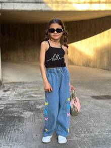LONTAKIDS Girls Jeans Girls Clothing Butterfly Print Denim Elastic Wasit Wide Leg Pants Kids 7-16 Years - Medium Wash - View 3