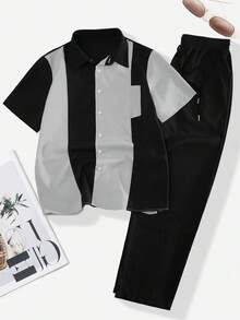 2 件男士轻便休闲装 - 拼色条纹短袖单排扣衬衫和纯色长裤，适合通勤和休闲穿着 - 黑色 - 查看 5