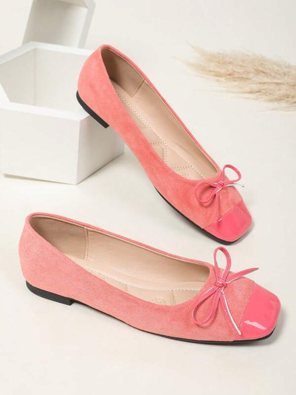 2025 New Bow Tie Shallow Mouth Square Toe Thick Heel Flat Slip-On Casual Comfortable Soft Bottom Women Shoes