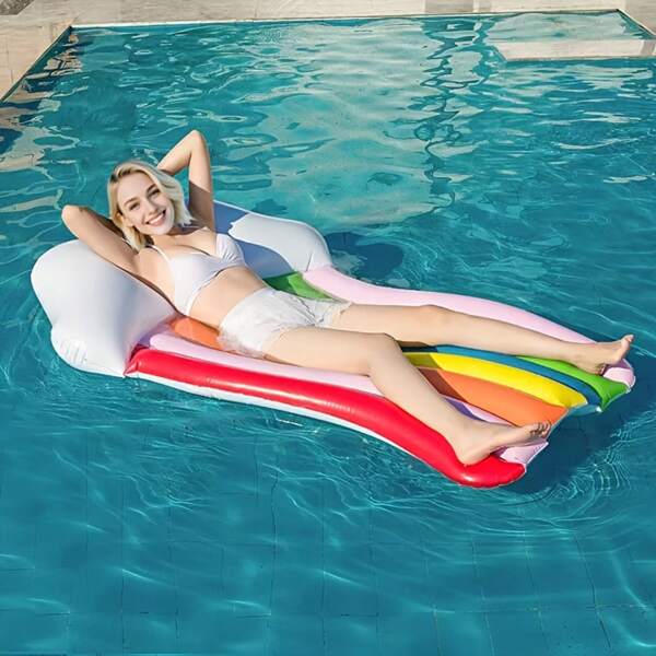 1pc Rainbow Air Cushion Floating Bed, Pool Lounge Chair With Headrest, Inflatable Water Bed With Backrest, Sturdy Lightweight Rainbow Patterned Beach Mat, Suitable For Summer Parties, Family Gatherings And Outdoor Recreation (No Pump Included)