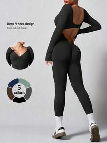 NcmRyu 1 Set Solid Color Long Sleeves Jumpsuits For Women Sexy Backless Bodycon V Back Scrunch Butt Yoga Rompers Workout Gym Bodysuit  Comfortable Activewear For Fitness Gym Running And Outdoor Activities - 黑色 - 查看 1