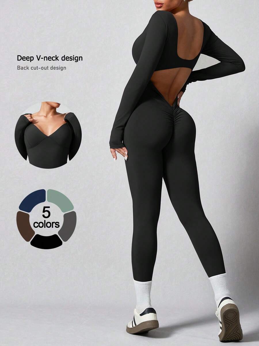 NcmRyu 1 Set Solid Color Long Sleeves Jumpsuits For Women Sexy Backless Bodycon V Back Scrunch Butt Yoga Rompers Workout Gym Bodysuit  Comfortable Activewear For Fitness Gym Running And Outdoor Activities - 黑色 - 查看 1