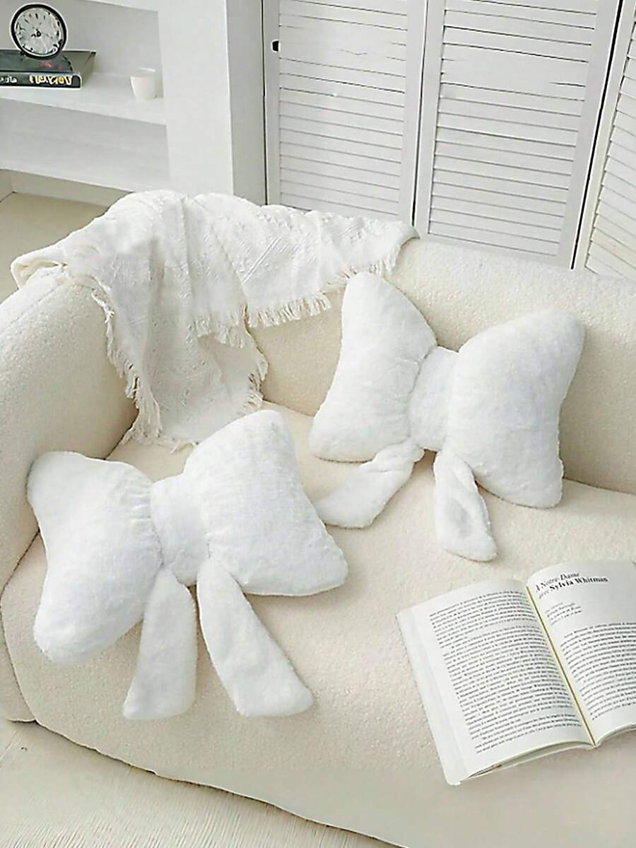 1pc White Bow Decorative Throw Pillow, Soft & Cute, Suitable For Bed, Sofa, Bedroom Decor, Home Decor, Essential For Spring/Summer, Perfect Gift For Holidays, Weddings, Graduations, Birthdays For Family & Friends - White - View 1