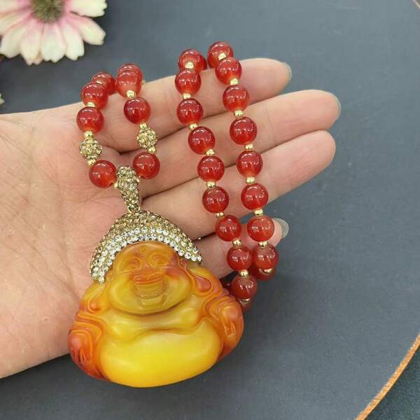 New 2nd Generation Amber Maitreya Laughing Buddha Pendant Necklace, Large Buddha Charm National Style Lucky Smiling Face Jewelry Gift
