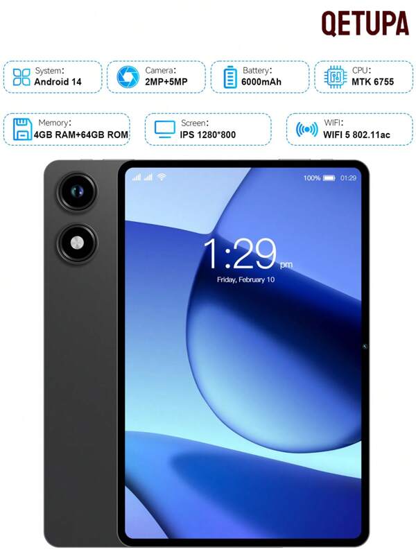 Qetupa Tablet Android 14 de 10.1", 4GB de RAM + 64GB de ROM, procesador Quad-Core MTK 6755 a 1.3GHZ, pantalla táctil IPS HD (1280x800), Bluetooth 5.2 y WiFi 802.11ac, GPS, cámara frontal de 2MP y cámara trasera de 5MP, batería grande de 6000mAh, sin soporte para tarjeta SIM (S3-1)