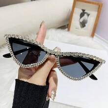 1 件女士新款香槟色猫眼水钻装饰时尚眼镜，时尚奢华装饰眼镜猫眼形墨镜 - 黑框白鑽 - 查看 11