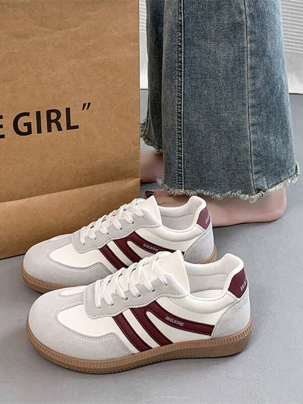 Women's Multi-Functional Fashion Casual Shoes, Flat Non-Slip Lace-Up Round Toe Rubber Sole Casual Sneakers, Black & Red Color Blocking, Suitable For Daily Outfit, Gump Style Casual Shoes, Size 36-41, Fashionable