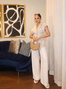 Melissa Matos بنطلون ذو خصر مرن مصنوع من قماش الكتان ذو إحساس منسوج، مناسب للموسم الصيفي والربيعي ، بوهو، أنيق، كاجوال، ليلة السهرة، جميل - أبيض - مشاهدة 4