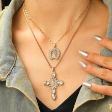 1 Set Elegant Christian Cross & Virgin Mary Icon Pendant Necklace, Fashion Jewelry Accessory Suitable For Daily, Holiday Wearing, Memorial Gift