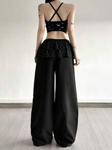 Women's Spring Summer Baggy Pants Elastic Waistband Low Waist Loose Wide Leg Pants With Fart Curtain