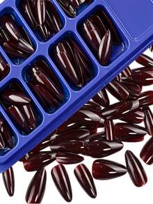 120片/盒杏仁形深红色实心美甲贴纸，12种尺寸，简约复古短款，全覆盖亮面亚克力美甲贴，适合日常佩戴、冬季假指甲、万圣节和圣诞节。 - 紅木色 - 查看 2