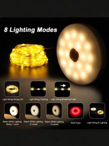 1 Piece Multi-Functional Warm Light/Color Light/Stepless Dimming Ultra-Thin Rechargeable Camping Light Outdoor-Style Plastic Material Circular Light Emitter With Attached String Lights Featuring SOS Mode And Timing Function USB Rechargeable Camping Light Set Suitable For Outdoor Camping And Nighttime Lighting Scenarios