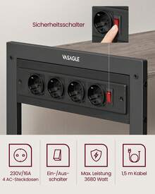 Küchenregal mit Steckdosen, Standregal mit 2 Metallkörben, Bäckerregal mit Haken, Regalablagen,Industrie-Design - EU F-Typ Stecker (220-240V) - Übersicht 6