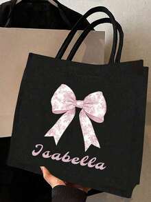 Customized Linen Tote Bag Set, Pink Bow Pattern, 3 Styles Available: Tote Bag + Small Pouch, Beach Vacation Bag, Shopping Bag, Large Capacity Storage Bag, Reusable Tote Bag, Suitable For Business Travel, Tourism, Picnic, Photography, And Also An Excellent Gift For Various Holidays And Birthdays. - Black - View 3