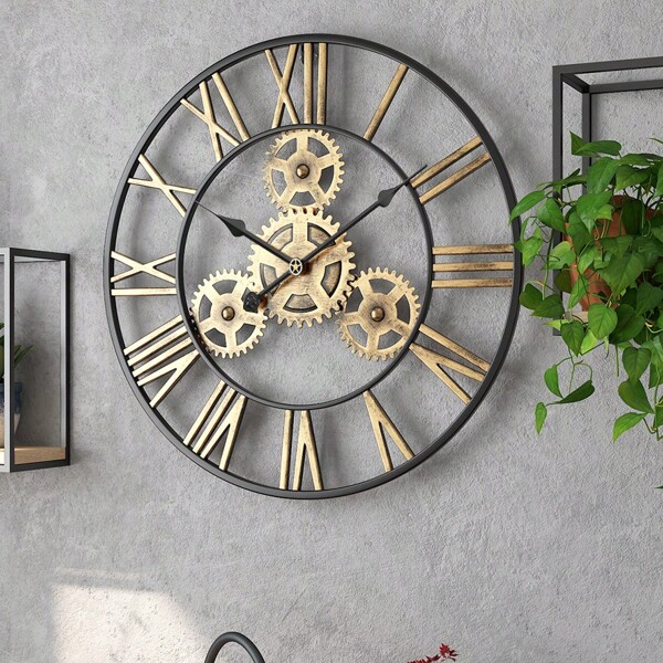 1pc Retro European Style Large Gold Metal Gear Designed Wall Clock, 19.7/23.6 Inch Silent Quartz Movement, Countryside Garden Decoration, Indoor And Outdoor Use, Creative Timer Room Decor Bedroom Decor Dormitory Decor Back To School School Decor School Surprise Home Decor School Supplies