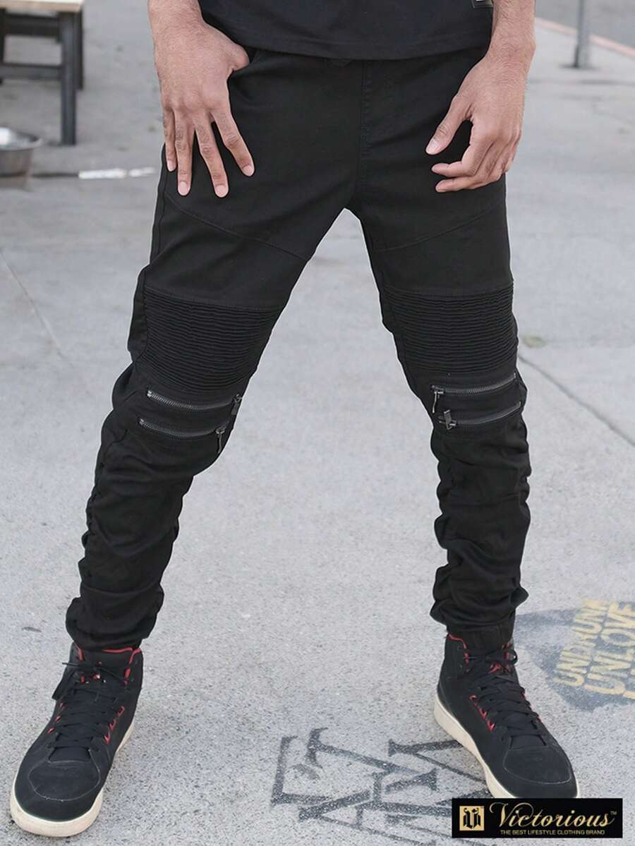 VICTORIOUS Twill Stacked Jogger Pants Zipper Details Five Pocket Stright Fit Stretch Fabric - 黑色 - 查看 1