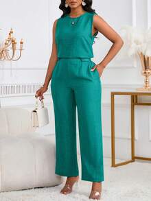 女士时尚休闲优雅无袖背心搭配侧袋纽扣长裤两件套夏季套装 - 孔雀藍 - 查看 3