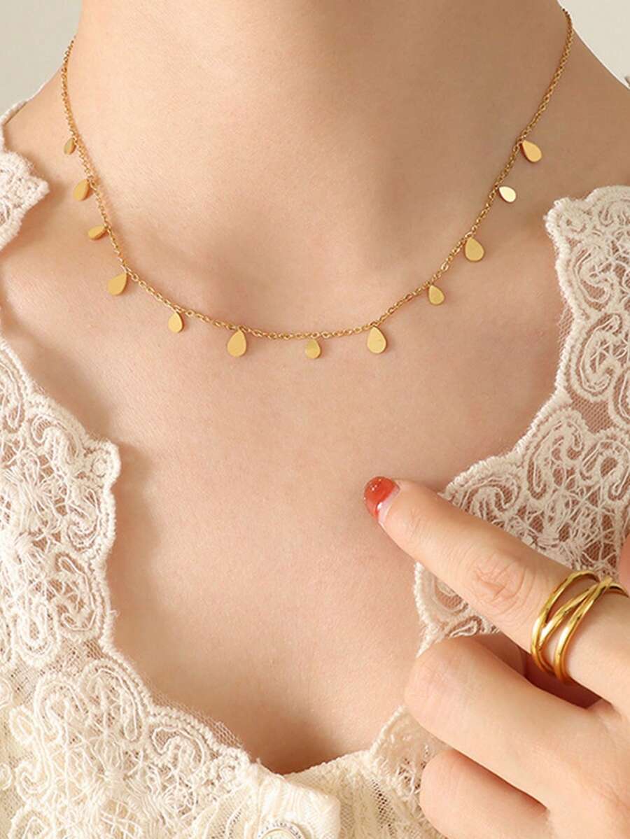 MECYLIFE 1 件简约时尚 18K 金不锈钢流苏和圆盘吊坠项链，适合女士 - 金色水滴 - 查看 1