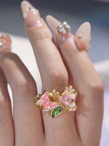 1 Stück eleganter, schimmernder Schmetterlings-Blumen-Tropf-Ring in Pink für Frauen