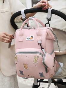 1 pièce Sac à langer sac à dos imprimé ours en peluche, sac à couches maternel de grande capacité, à la mode et portable, convient pour la poussette de bébé - Rose bonbon - Voir 9